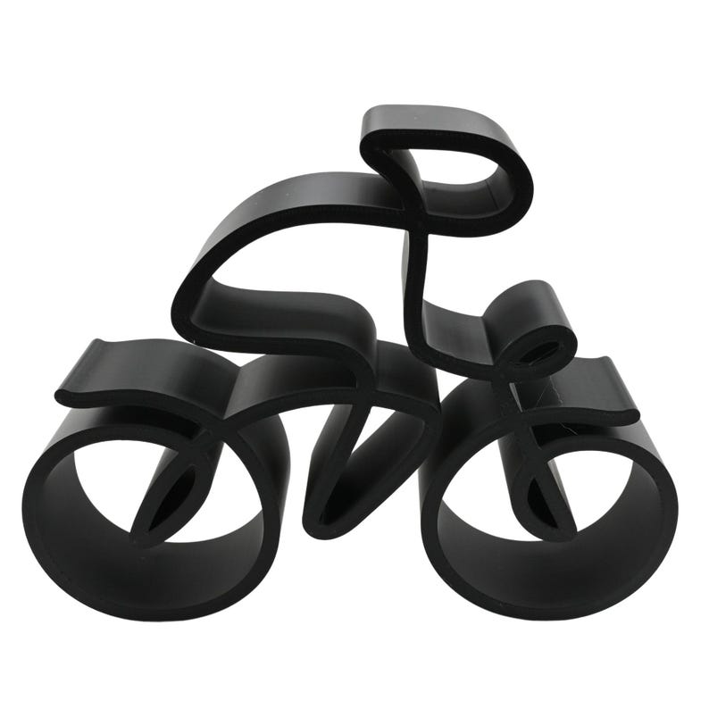Minimalist cyclist sculpture in a continuous line style, manufactured from plastic and displayed from a side angle to showcase its smooth contours and stylized silhouette.
