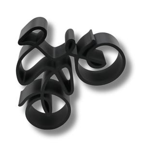 Minimalist cyclist sculpture in a continuous line style, manufactured from plastic and displayed from a direct front angle to emphasize its balanced structure and modern design.