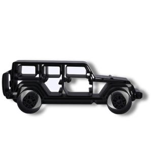 Front view of Black Jeep Wrangler 4 Door Side View, showing the complete Elegant Outlines open-line sculpture on a clean background.