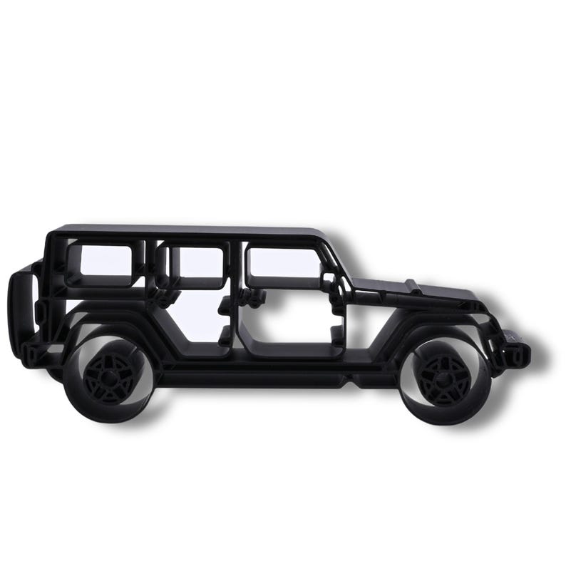 Front view of Black Jeep Wrangler 4 Door Side View, showing the complete Elegant Outlines open-line sculpture on a clean background.