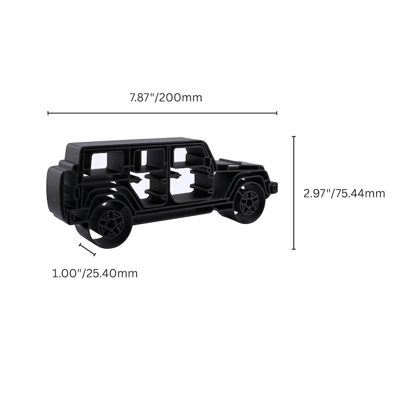 Dimension reference for Black Jeep Wrangler 4 Door Side View, showing the product size and proportions.