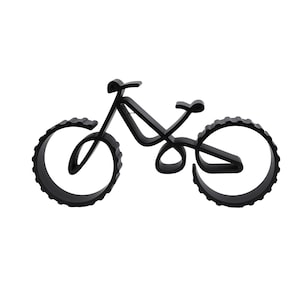Hollow geometric bicycle sculpture with thick ridged wheels, shown from the side on a white background. Viewed straight on with clear silhouette and visible layering texture on the frame and wheels.