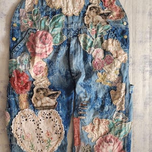 Upcycled Handmade boho shabby chic one size gypsy hippie dyed in a tea jean overalls appliqued out of vintage textile