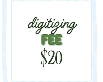 Könnte beinhalten: Weißes Quadrat mit blau-weiß gestreiftem Rand. Der Text "digitizing FEE $20" ist in dunkelgrüner Schrift und Blockbuchstaben geschrieben. Der Hintergrund ist weiß mit einem hellblau-weiß gestreiften Muster.