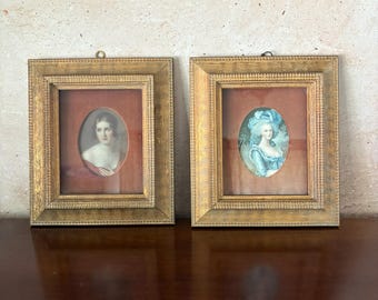 Vintage Framed Miniature Portraits – Marie Antoinette & Pauline Bonaparte – Set of 2 Oval Prints in Ornate Frames