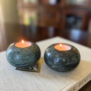 Pair of Green Marble Tealight Candle Holders – Rounded Stone Votive Set