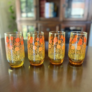 Vintage Libbey Amber Glasses with Orange Floral Pattern – Set of 4
