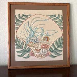 Vintage Embroidered Seashell Needlework – Framed Ocean Coastal Wall Art