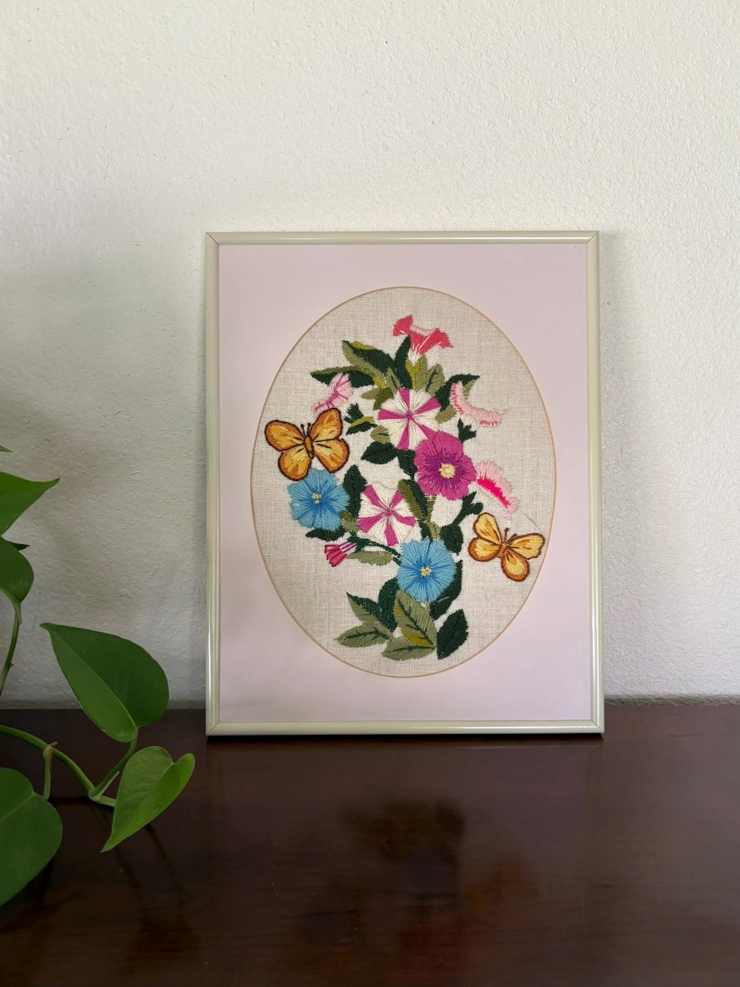 Vintage Crewel Embroidery Wall Art: Floral Bouquet With Butterflies - Etsy