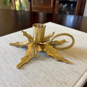 Vintage Brass Holly Leaf Candle Holder, Christmas Taper Candlestick with Handle