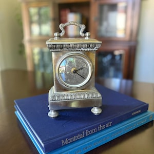 Vintage Silver-Tone Heavy Carriage Clock, Roman Numeral Face, Ornate Mantel or Desk Clock