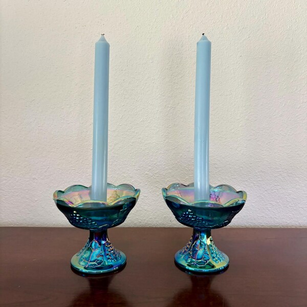 Set of 2 Vintage Indiana Glass Iridescent Blue Carnival Glass Candlestick Holders – Harvest Grape Pattern