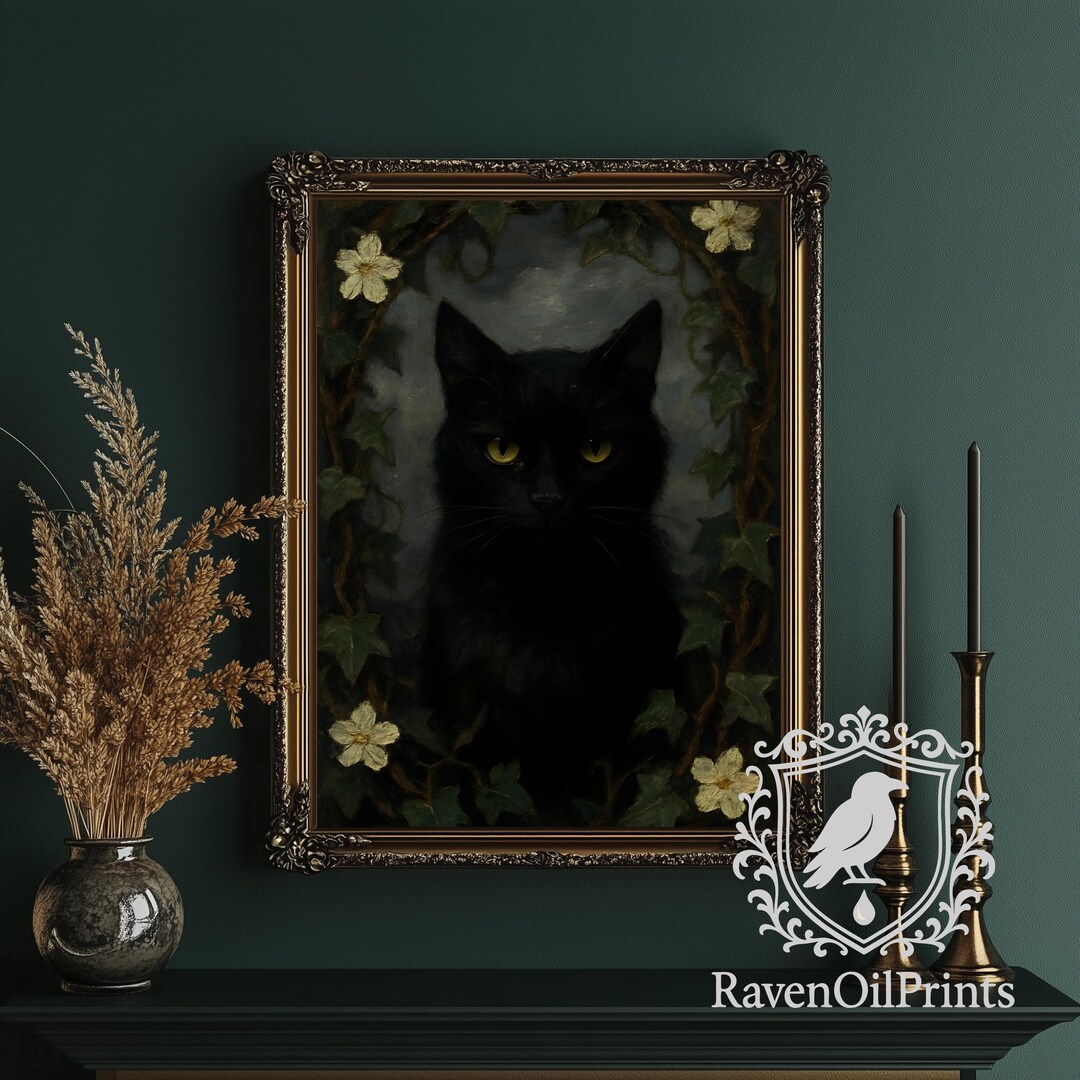 Dark Academia Black Cat Art Printable, Moody Cottagecore Gothic Decor ...