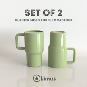 Op de afbeelding: Een set van twee lichtgroene gipsmallen voor gietklei, met een cilindrisch lichaam en een vierkant handvat. De tekst SET OF 2 PLASTER MOLD FOR SLIP CASTING staat bovenaan en het Limus-logo staat onderaan de afbeelding.