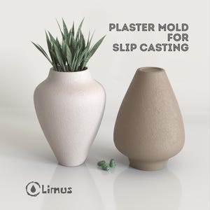 May include: A white textured vase with green plants and a beige plaster mold for slip casting. The text "PLASTER MOLD FOR SLIP CASTING" is displayed above the objects. The Limus logo is in the bottom left corner.