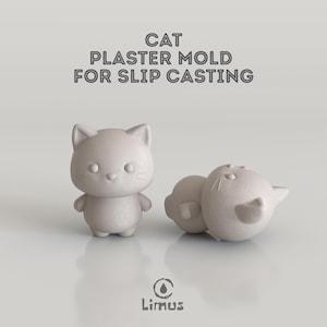 Puede incluir: Dos moldes de yeso gris claro con forma de gato para colada. Uno está de pie, el otro está tumbado. Los moldes tienen una textura suave. El texto "CAT PLASTER MOLD FOR SLIP CASTING" está encima.
