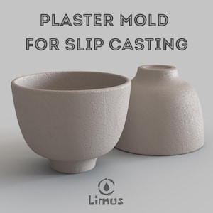 Könnte beinhalten: Zwei beige Gipsformen für den Gießprozess. Eine hat die Form einer Schüssel, die andere die Form einer Vase. Der Text "PLASTER MOLD FOR SLIP CASTING" steht oben. Das Limus-Logo befindet sich unten.