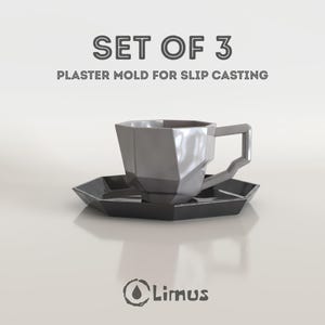 May include: A set of 3 plaster moulds for slip casting featuring a faceted geometric cup and a matching hexagonal saucer. The text SET OF 3 PLASTER MOLD FOR SLIP CASTING is displayed above the items, with the Limus logo at the bottom centre.