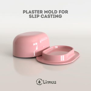 May include: A pink plaster mold for slip casting consisting of two separate pieces with smooth, rounded edges. The text PLASTER MOLD FOR SLIP CASTING is printed above the object, and the Limus logo is printed at the bottom of the image.