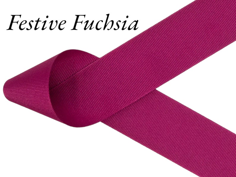 Puede incluir: Primer plano de una cinta fucsia con el texto "Festive Fuchsia". La cinta est&aacute; doblada sobre s&iacute; misma, creando un bucle. La cinta tiene una textura acanalada y est&aacute; sobre un fondo blanco. El color de la cinta es rosa brillante.