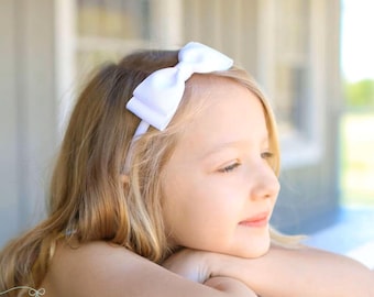 Toddler Girls White Bow Headband, Tuxedo Ribbon Headband for First Communion Special Occasion Accessory