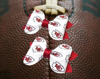 KC Chiefs Football Hair Bow Clips, Hometown Team Glitter Pigtail Bows