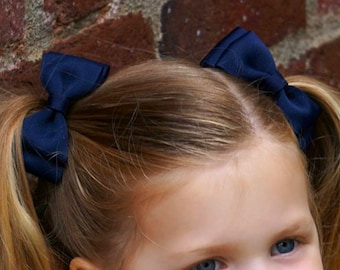 Toddler Navy Blue Pigtail Bow Clips - Small Ribbon Hair Accessory for Girls
