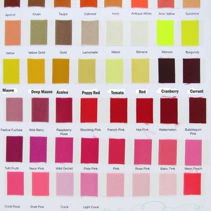 May include: Color chart featuring a variety of ribbon swatches in shades of red, pink, orange, yellow, brown, and green. Each swatch is labeled with its color name. The Patti Cake Boutique logo is in the bottom right corner.