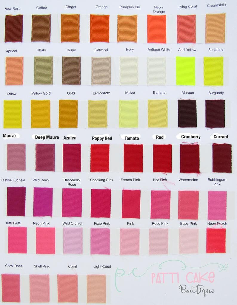 May include: Color chart featuring a variety of ribbon swatches in shades of red, pink, orange, yellow, brown, and green. Each swatch is labeled with its color name. The Patti Cake Boutique logo is in the bottom right corner.