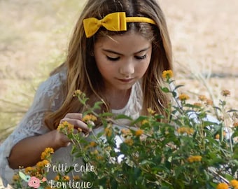 Girls Yellow Gold Bow Headband, Fall Bow on Hard Plastic Ribbon Hair band