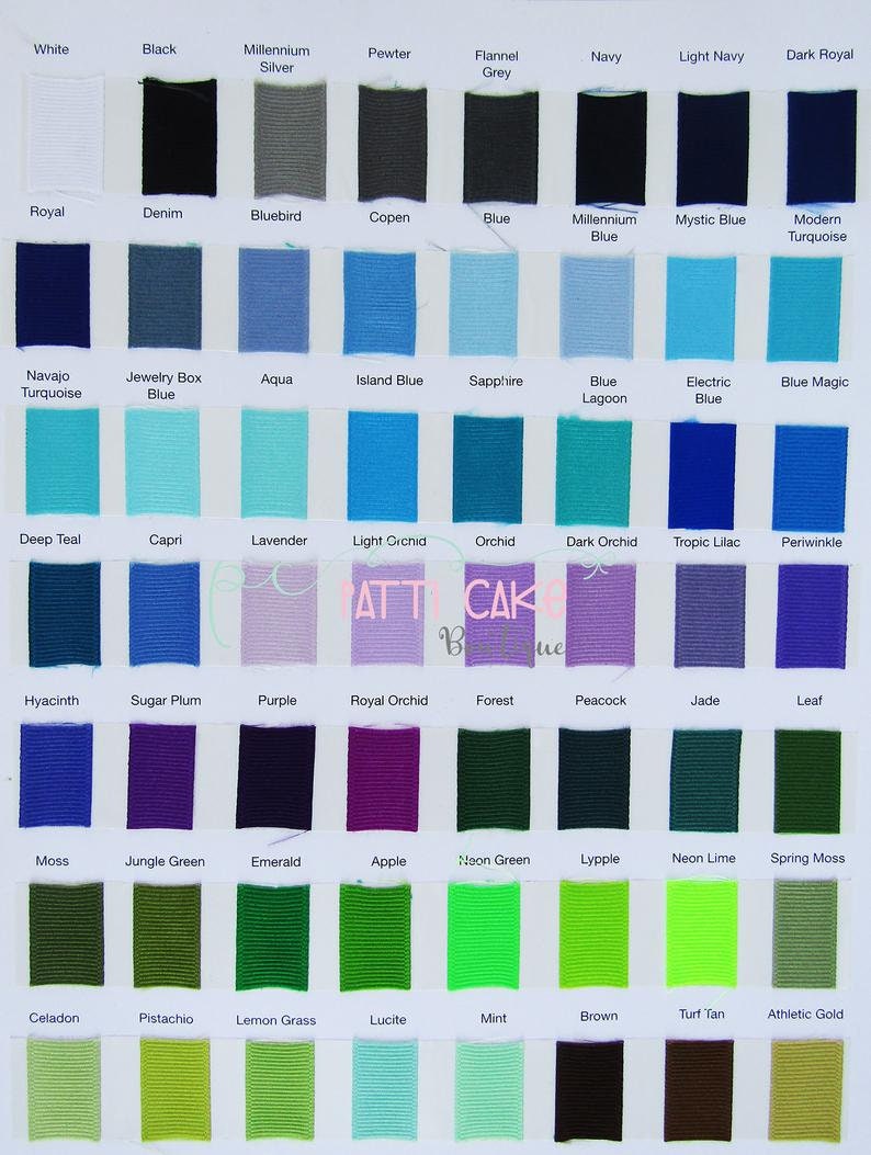 May include: Color chart featuring a variety of ribbon swatches in various colors, including white, black, blue, green, and purple. Each swatch is labeled with its corresponding color name. The image includes the text "ATT CAKE Boutique".