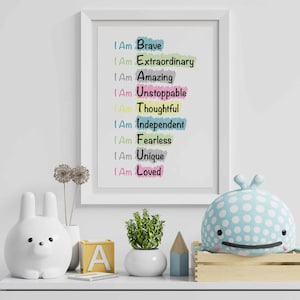 Stampa quotidiana con affermazioni pastello / Citazioni "Io sono, sii, noi siamo, tu sei" / Arte murale motivazionale per la cameretta dei bambini o la sala giochi / Regalo di positività