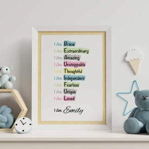 Ich bin Affirmationen Benutzerdefinierte Name Tägliche Positive Erinnerungen Wand Kunst | Poster für Kinder zum Thema Wachstum | Personalisiertes Kinder Geschenk
