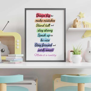 Sogna in grande e commetti errori - Poster con citazioni positive / Stampa ispiratrice per la casa - Pratica di consapevolezza per bambini / Regali di positività