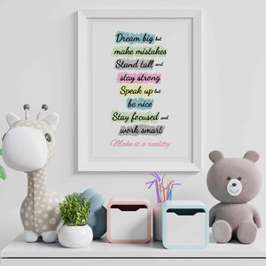 Sogna in grande e commetti errori - Poster con citazioni positive / Stampa ispiratrice per la casa - Pratica di consapevolezza per bambini / Regali di positività