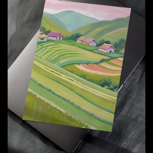 Digital Oil Pastel Landscape Print - Evening Haze Over Rolling Hills – Pink Sky & Green Hills Wall Art – Instant Download