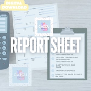 以下が含まれることがあります： 「REPORT SHEET」の文字が大きく白抜きで書かれたレポートシートのデジタルダウンロード。画像には、ドキュメントの詳細が記載されたクリップボード、リモコン、ハートのイラストが入った小さなロゴが2つ含まれています。フルレターページサイズ（21.6 x 27.9 cm）。