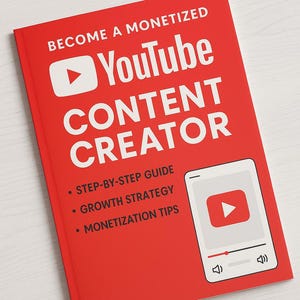 Puede incluir: Un libro rojo titulado "Become a Monetized YouTube Content Creator" con texto blanco y un logotipo de YouTube. El libro incluye guías paso a paso, estrategias de crecimiento y consejos de monetización. Un gráfico de teléfono inteligente está a la derecha.