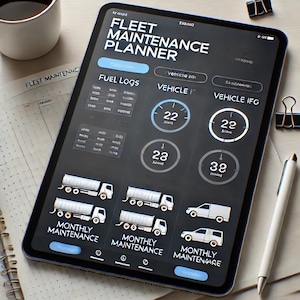 Può includere: Uno schermo di tablet che mostra un'app di pianificazione della manutenzione della flotta. L'app ha uno sfondo scuro con testo e icone bianche. L'app mostra i registri del carburante, le informazioni sul veicolo e le pianificazioni di manutenzione mensili. L'app mostra anche un tachimetro con una lettura di 22 miglia all'ora.