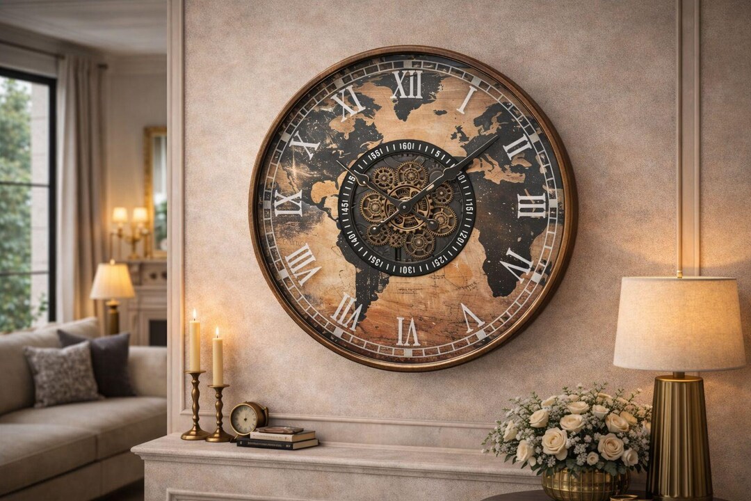 Luxury Large Wall Clock 60 Cm, World Map Wall Clock, Moving Mechanical ...
