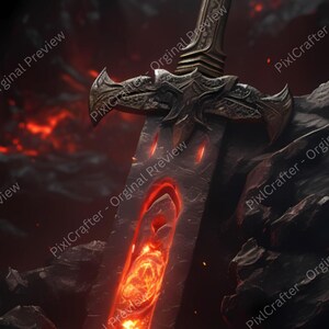 Flaming Sword Fantasy Art Print, Lava Blade Poster, Dark RPG Weapon Illustration, Gamer Wall Decor, Digital Download