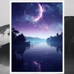 Moon Over Lake Night Art | Digital Download | Moonlight Wall Art | Night Landscape | Lake Moon Print | Instant Download