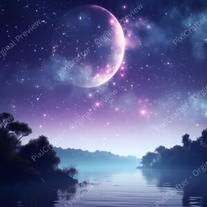 Arte mural de fantasía con lago iluminado por la luna, escena nocturna estrellada, imprimible mágico de ensueño, paisaje digital