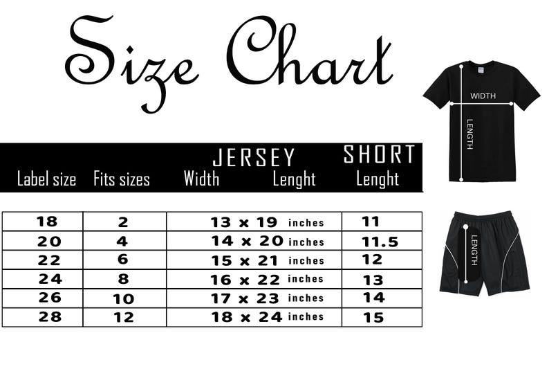 Może przedstawiać: Tabela rozmiar&oacute;w z wymiarami dla koszulek i szort&oacute;w. Zawiera rozmiary etykiet, rozmiary dopasowania, szerokość i długość w calach. Pokazano czarny t-shirt i szorty.
