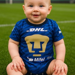 May include: A baby wearing a blue bodysuit with the DHL and Pumas UNAM logos, sitting on green grass. The bodysuit has a gold logo and the text "Mifel". The baby is smiling.