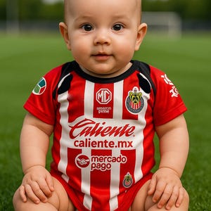 May include: A baby wearing a red and white striped soccer jersey with the words "Caliente" and "caliente.mx" printed on the front. The baby is sitting on green grass.