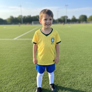 May include: A young child wearing a yellow soccer jersey with green trim and the word "Brasil". The child is also wearing blue shorts, white socks, and black soccer cleats. The child is standing on a green soccer field.