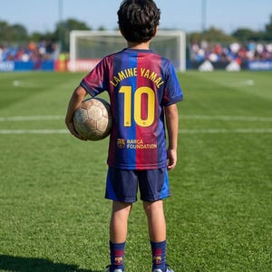 May include: A soccer jersey featuring vertical red and blue stripes with the name LAMINE YAMAL and the number 10 in yellow on the back. The jersey includes the text BARÇA FOUNDATION, paired with matching dark blue shorts and socks.