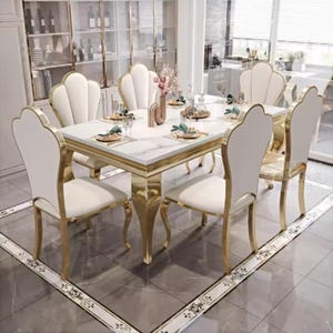 White Marble Dining Table with Gold Accents – Rectangular Italian Design for Elegant Home Interiors