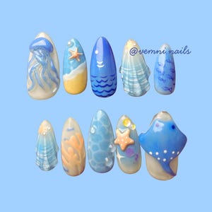 Hand-Painted Press On Nails | 3D ocean nails | Blue nails  | Summer Nails | Sea nails | Jellyfish nails |Sting ray nails | Cute nails